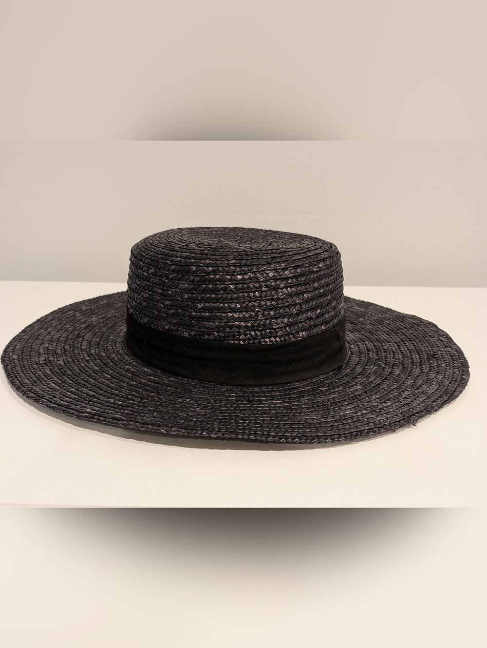 Black Straw Boater Wide Brim Hat
